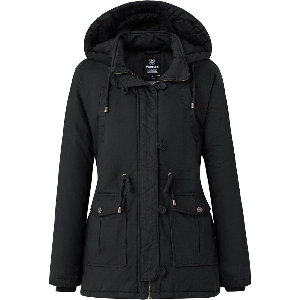 Women's Winter Thicken Fleece Lined Black Hooded Puffer Jacket Coat Outwear